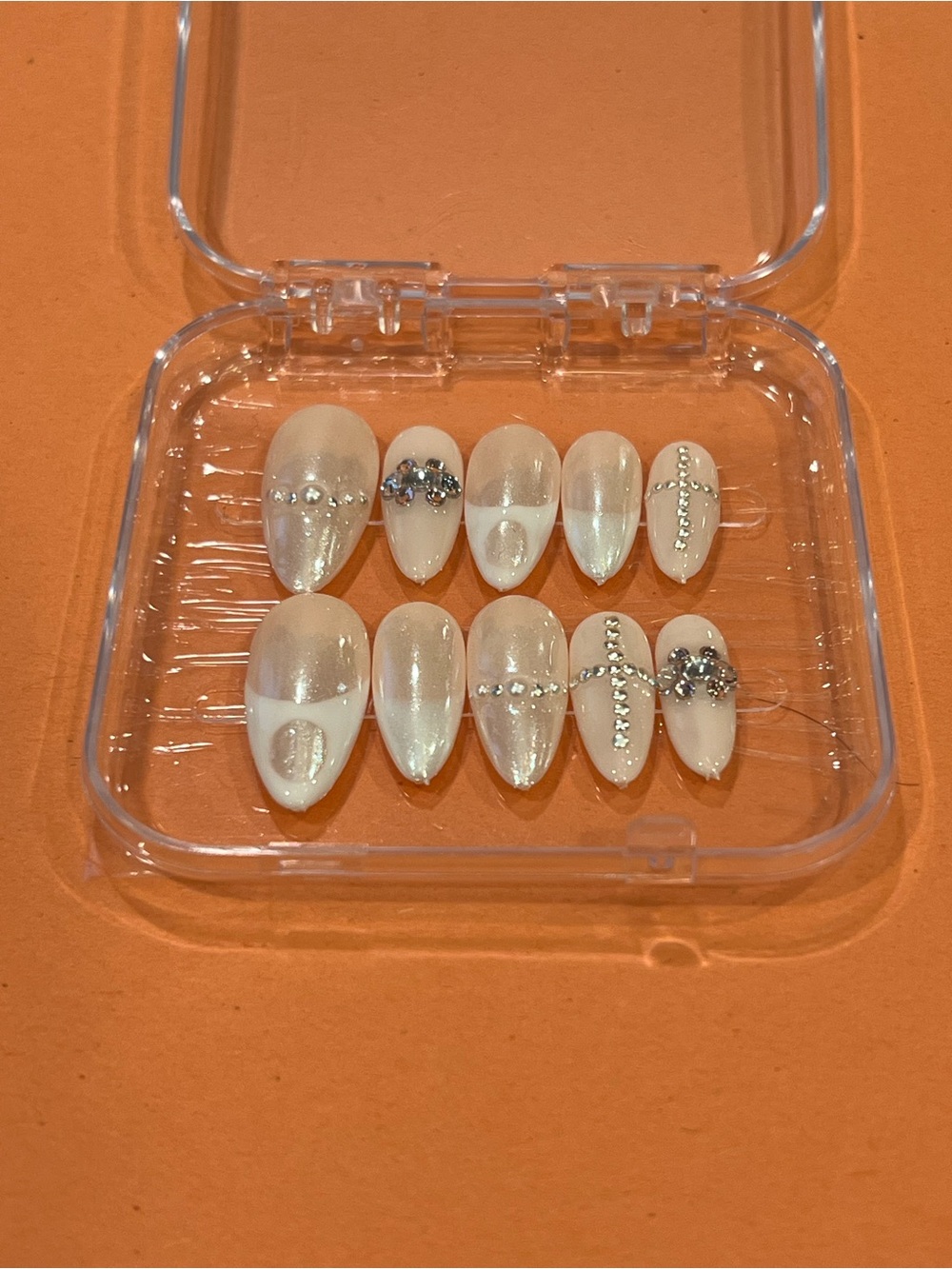 Pearl White Press-On Nail Set with Rhinestone Accents